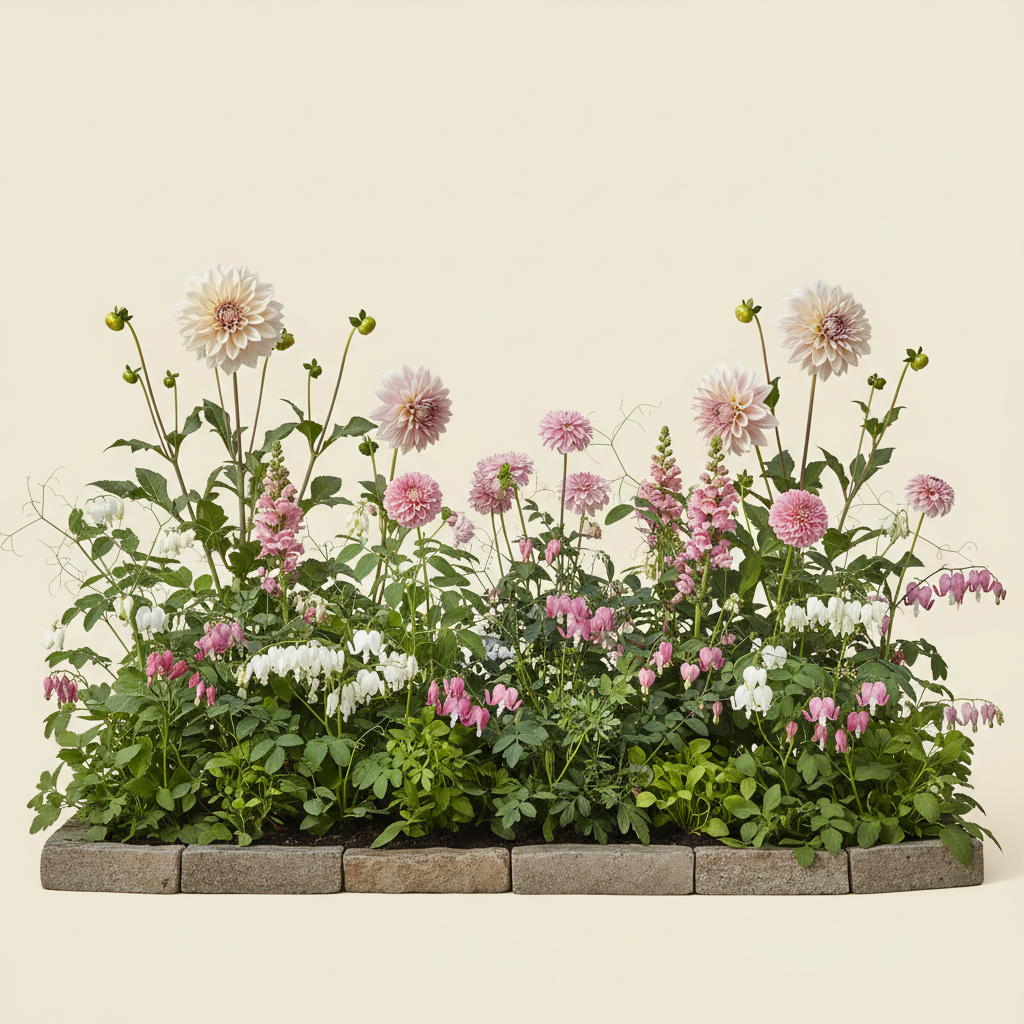 Rabatt med dahlia, rosenskära, lejongap i halvskugga – 9 m² blandad rabatt