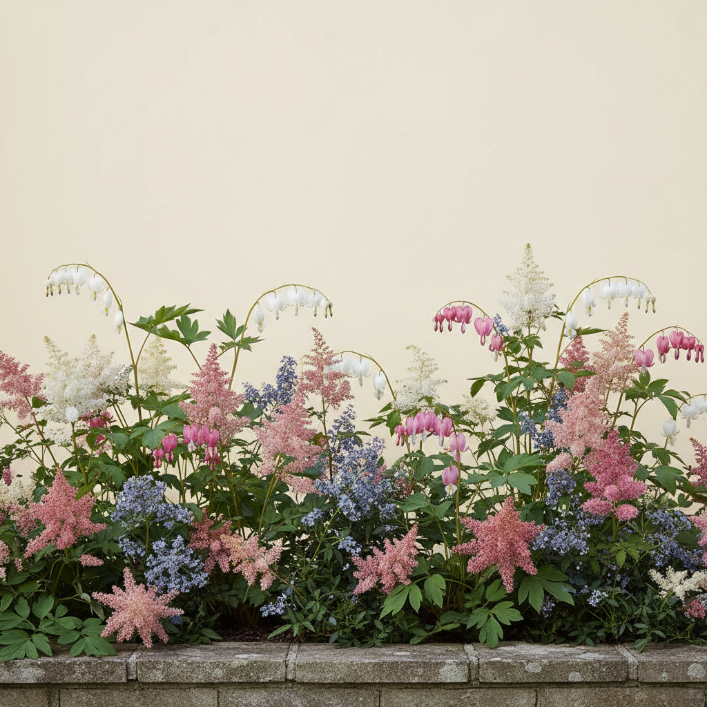 Rabatt med löjtnantshjärta, astilbe i skugga – 6 m² perennrabatt