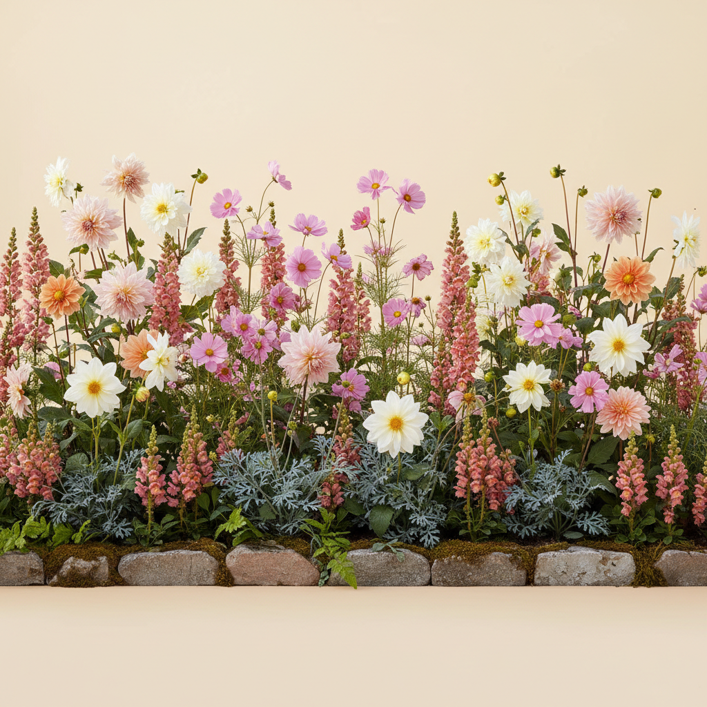 Rabatt med dahlia, rosenskära, lejongap i halvskugga – 6 m² snittblomsterbädd