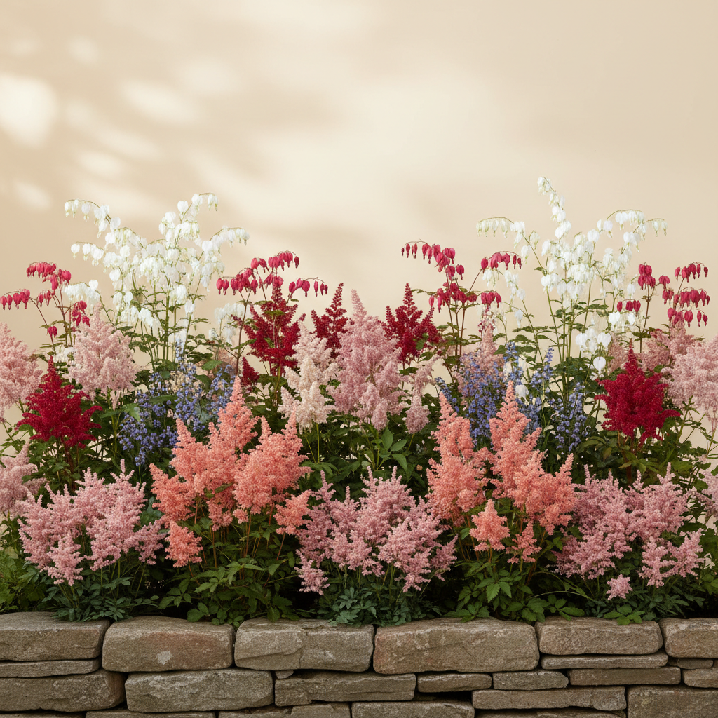 Rabatt med löjtnantshjärta, astilbe i skugga – 15 m² perennrabatt