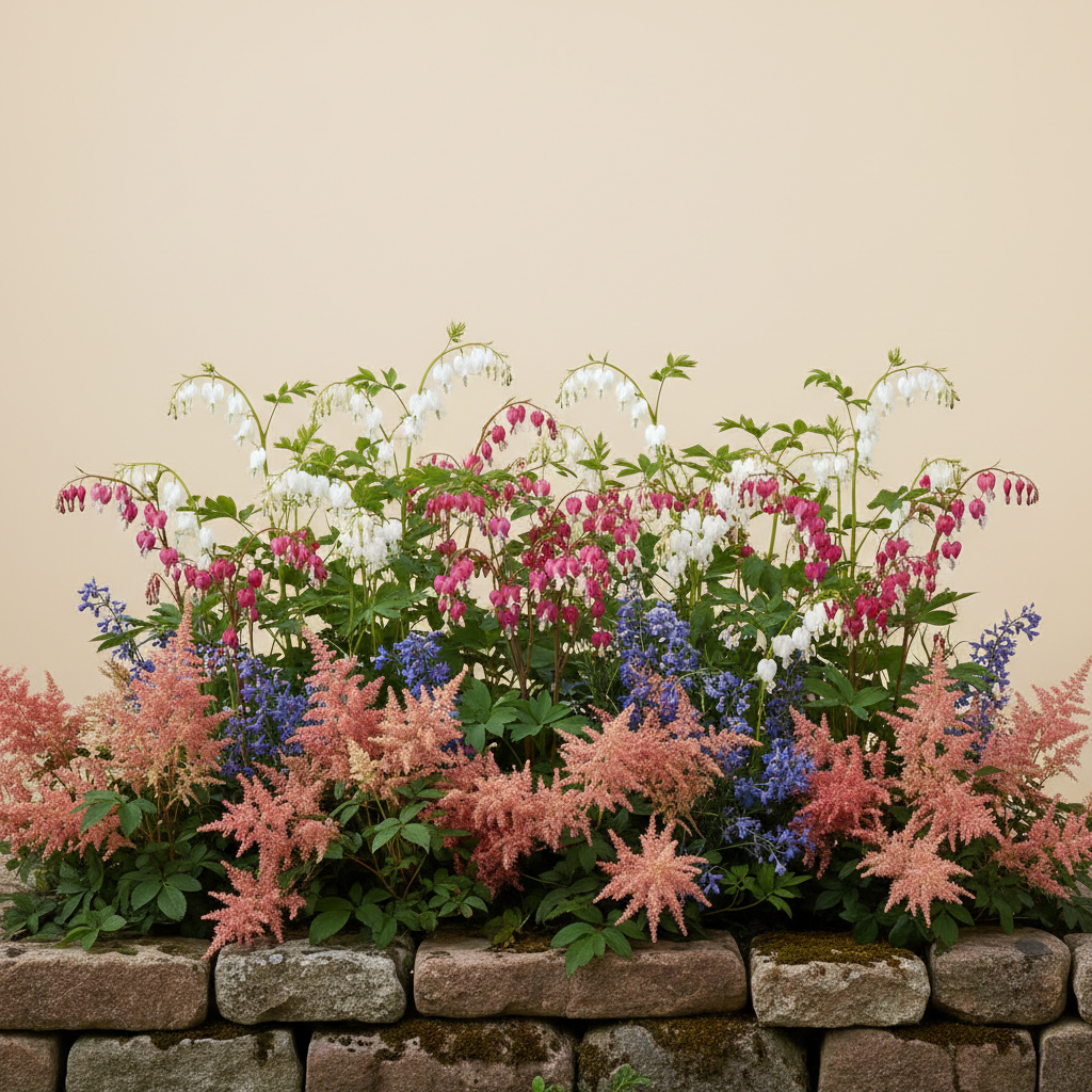 Rabatt med löjtnantshjärta, astilbe i skugga – 1 m² perennrabatt