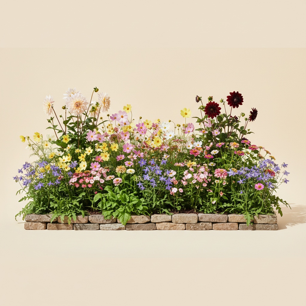 Rabatt med dahlia, zinnia, cosmos i full sol – 6 m² blandad rabatt