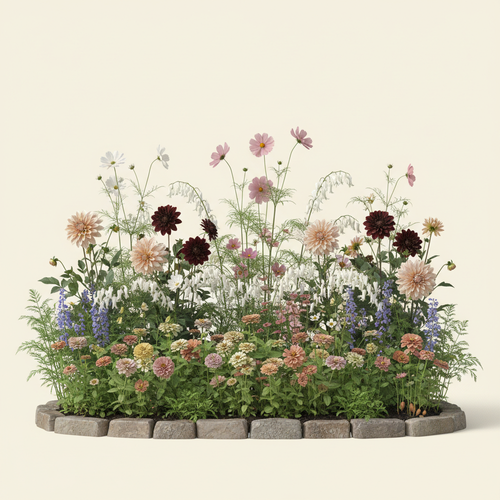 Rabatt med dahlia, zinnia, cosmos i skugga – 6 m² blandad rabatt
