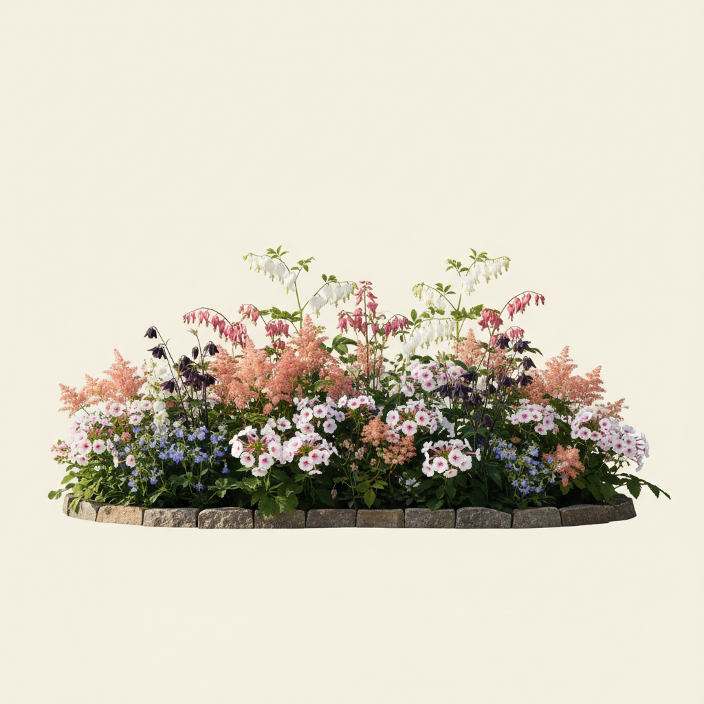 Rabatt med löjtnantshjärta, astilbe, höstflox i halvskugga – 6 m² perennrabatt