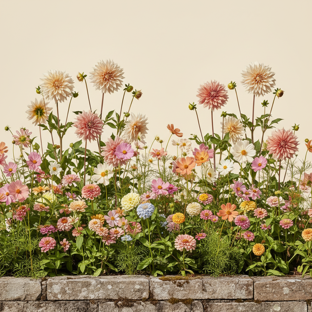 Rabatt med dahlia, zinnia, cosmos i full sol – 2 m² snittblomsterbädd