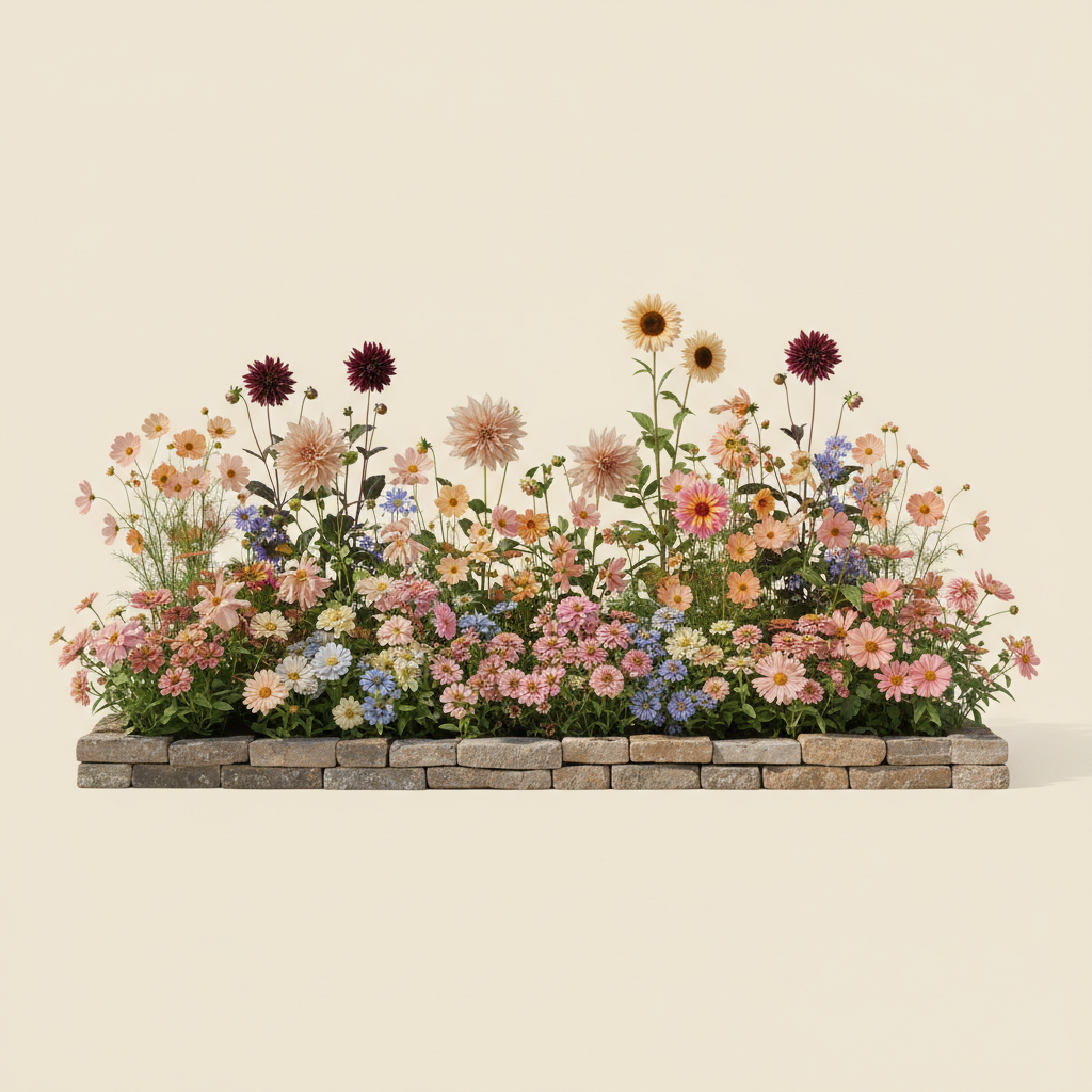 Rabatt med dahlia, zinnia, cosmos i full sol – 6 m² snittblomsterbädd