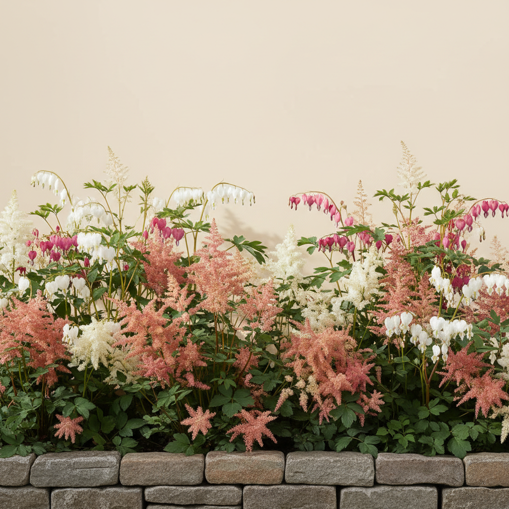 Rabatt med löjtnantshjärta, astilbe i halvskugga – 2 m² perennrabatt