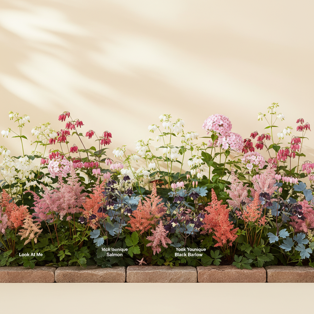Rabatt med löjtnantshjärta, astilbe, höstflox i halvskugga – 12 m² perennrabatt