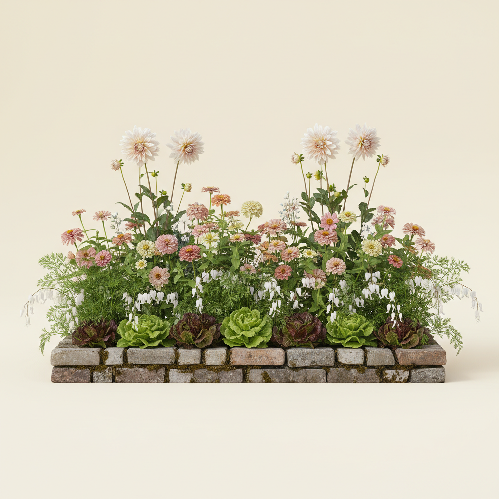 Rabatt med dahlia, zinnia, trädgårdssallat i skugga – 2 m² blandad rabatt