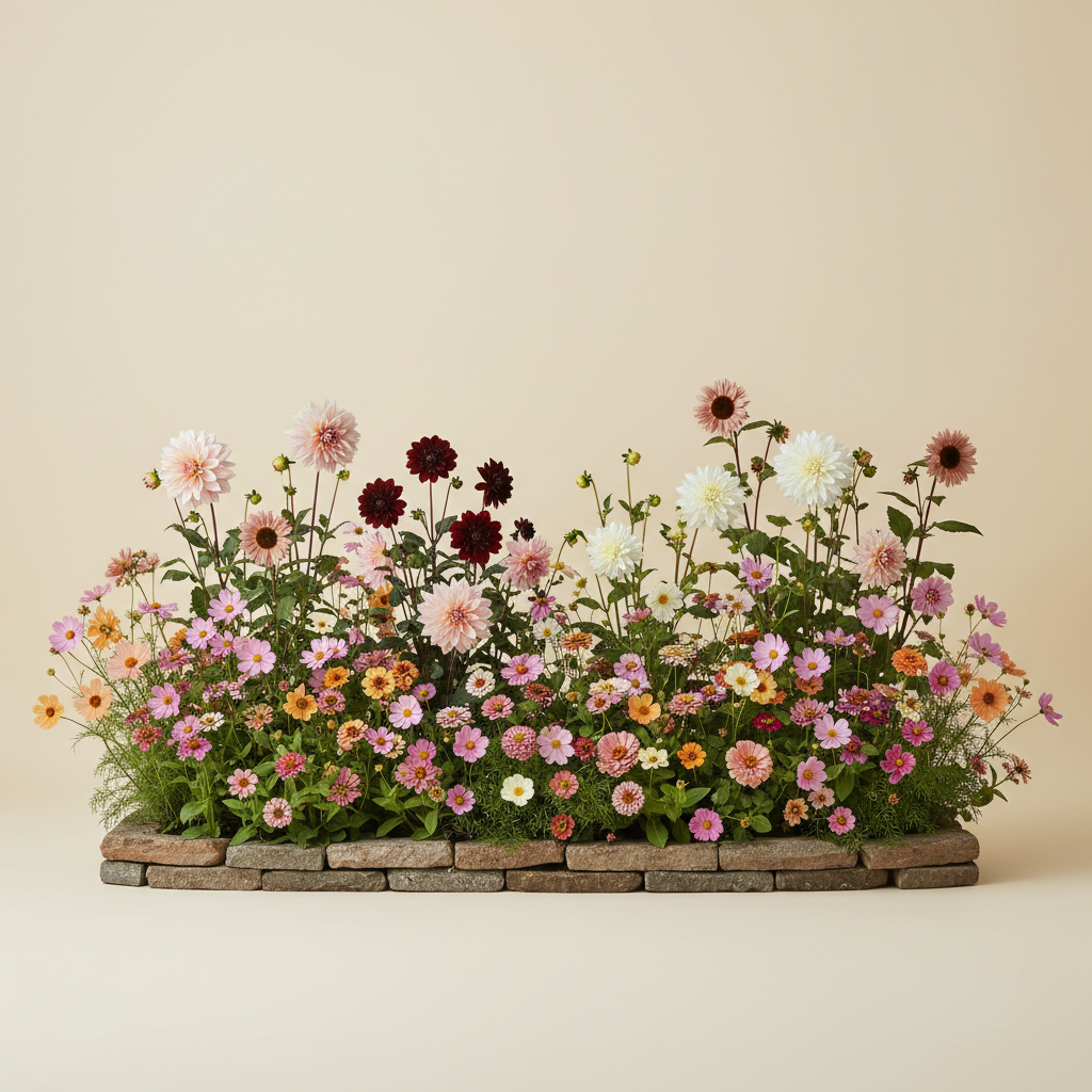 Rabatt med dahlia, zinnia, cosmos i skugga – 6 m² snittblomsterbädd