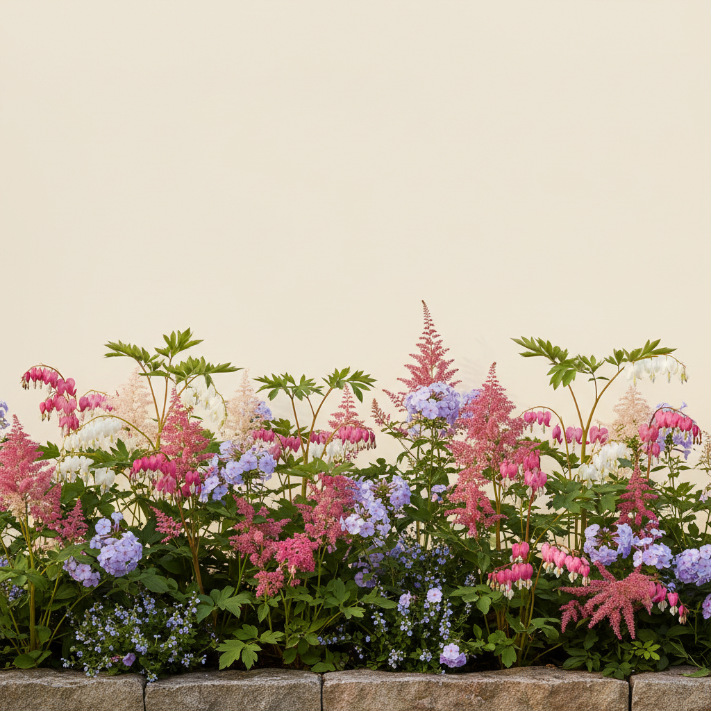 Rabatt med löjtnantshjärta, astilbe, höstflox i halvskugga – 3 m² perennrabatt