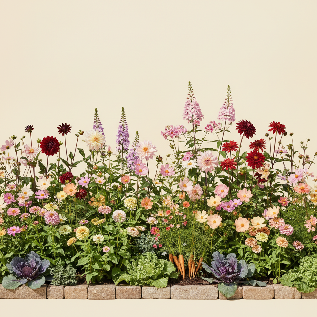 Rabatt med dahlia, zinnia, cosmos i full sol – 24 m² blandad rabatt