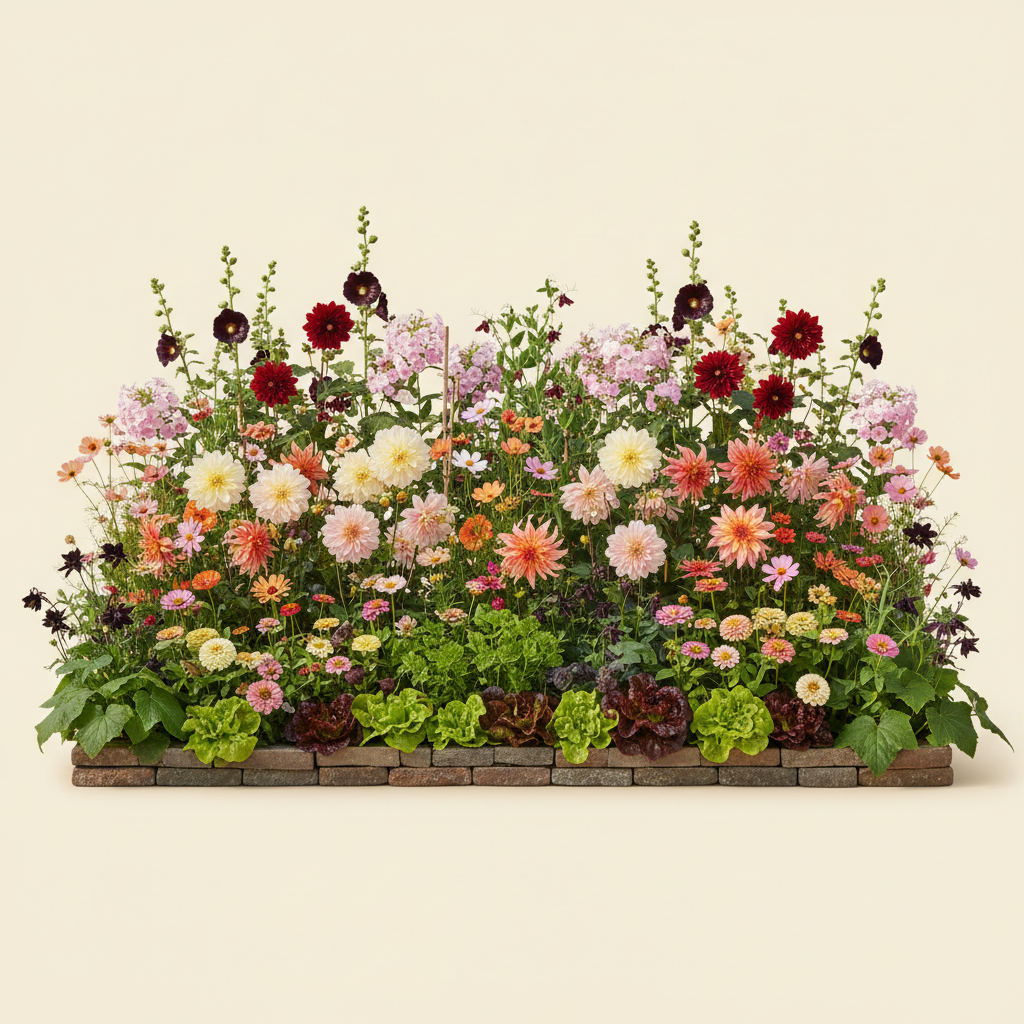 Rabatt med dahlia, zinnia, cosmos i full sol – 20 m² blandad rabatt
