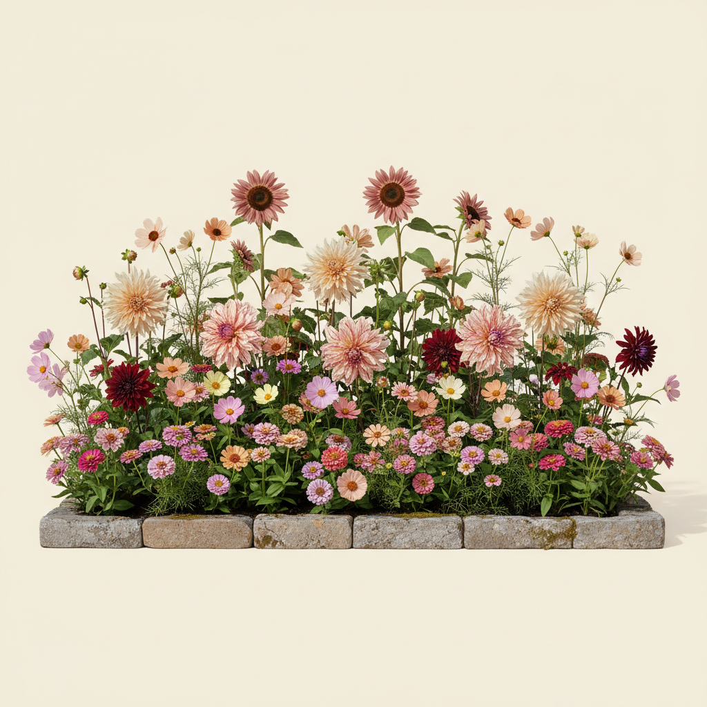 Rabatt med dahlia, zinnia, cosmos i full sol – 3 m² snittblomsterbädd
