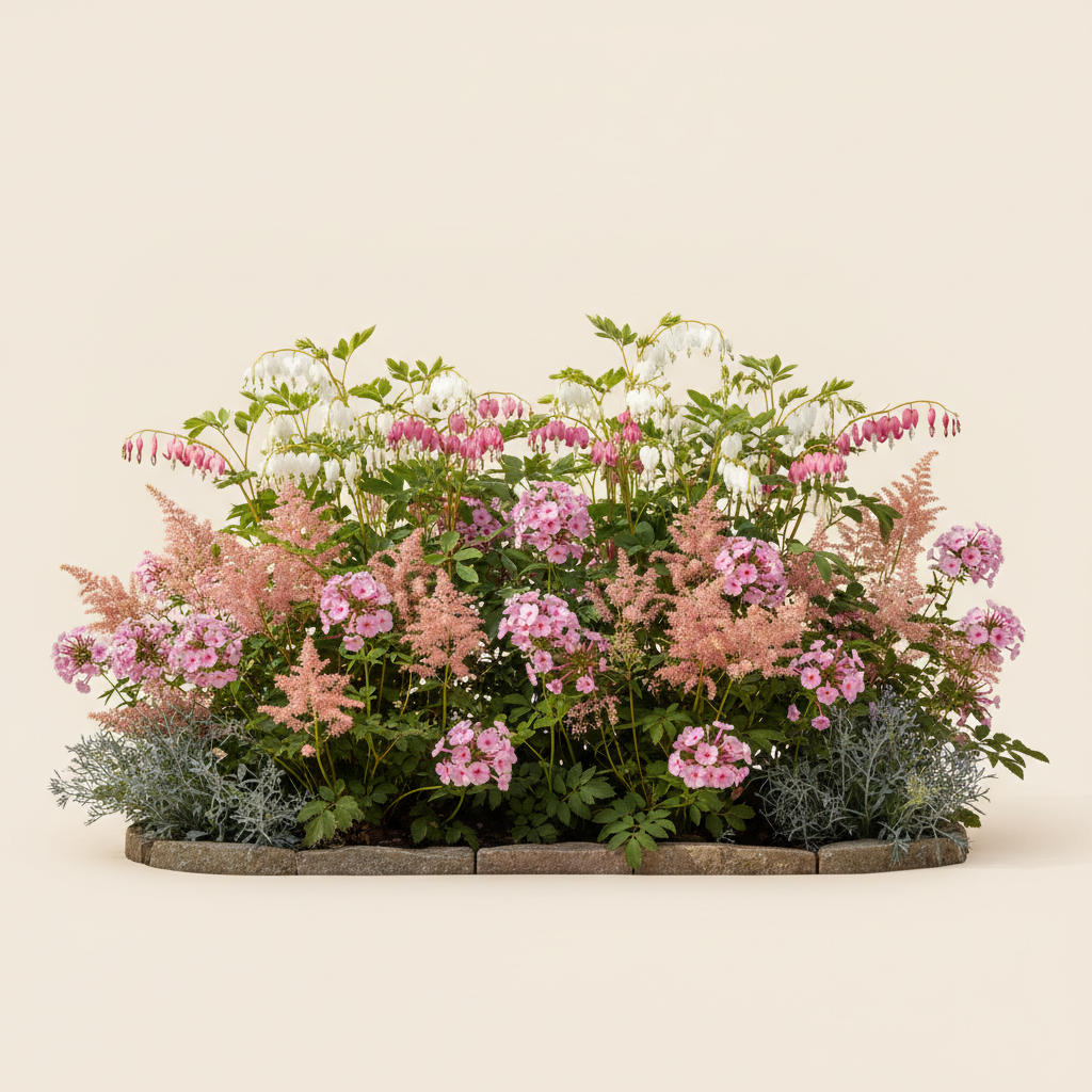 Rabatt med löjtnantshjärta, astilbe, höstflox i halvskugga – 4 m² perennrabatt