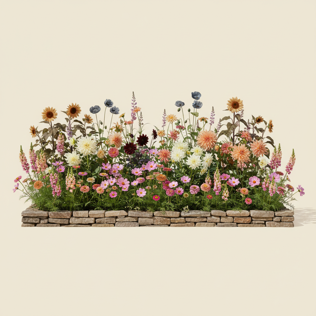 Rabatt med dahlia, zinnia, cosmos i full sol – 60 m² snittblomsterbädd