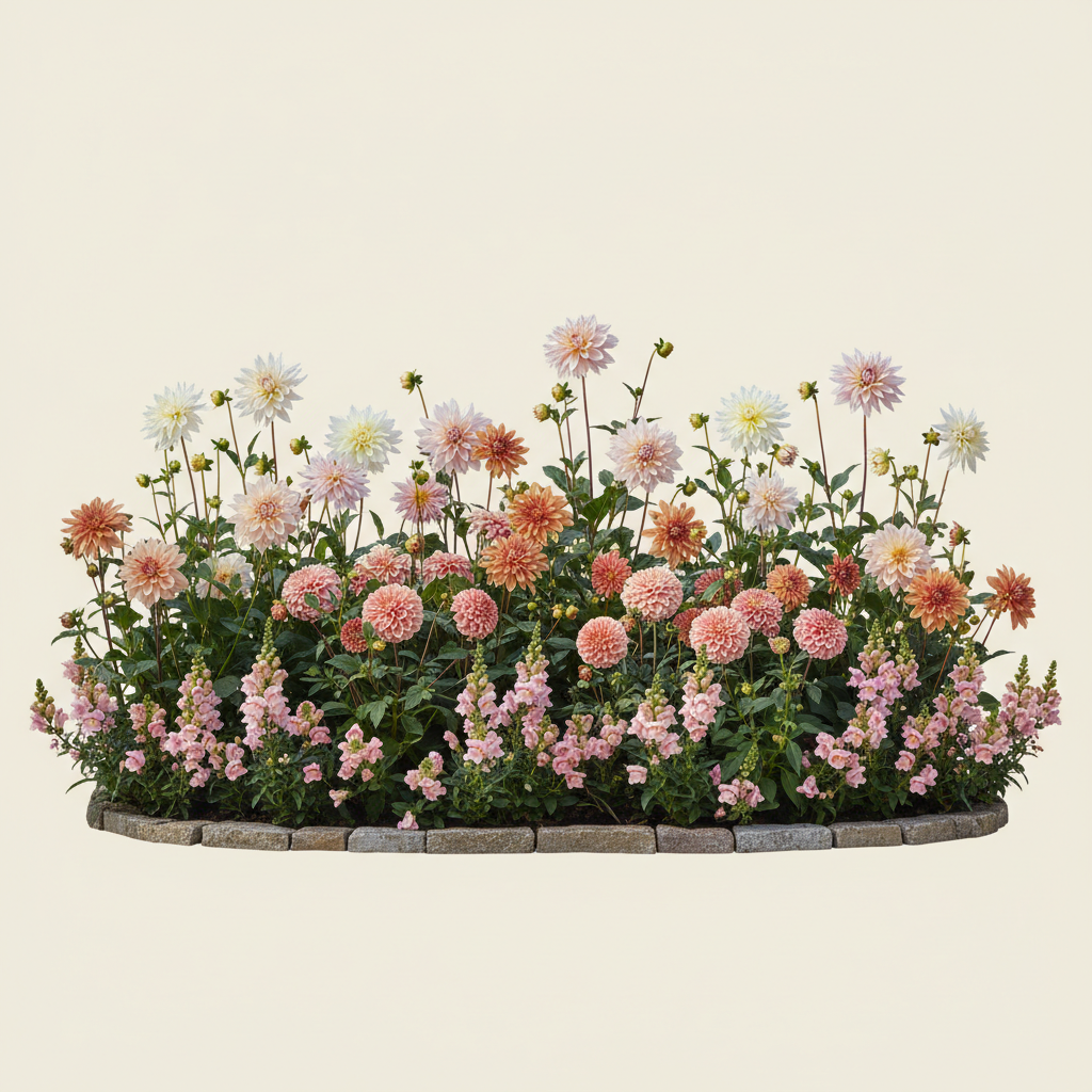 Rabatt med dahlia, rosenskära, lejongap i halvskugga – 6 m² snittblomsterbädd