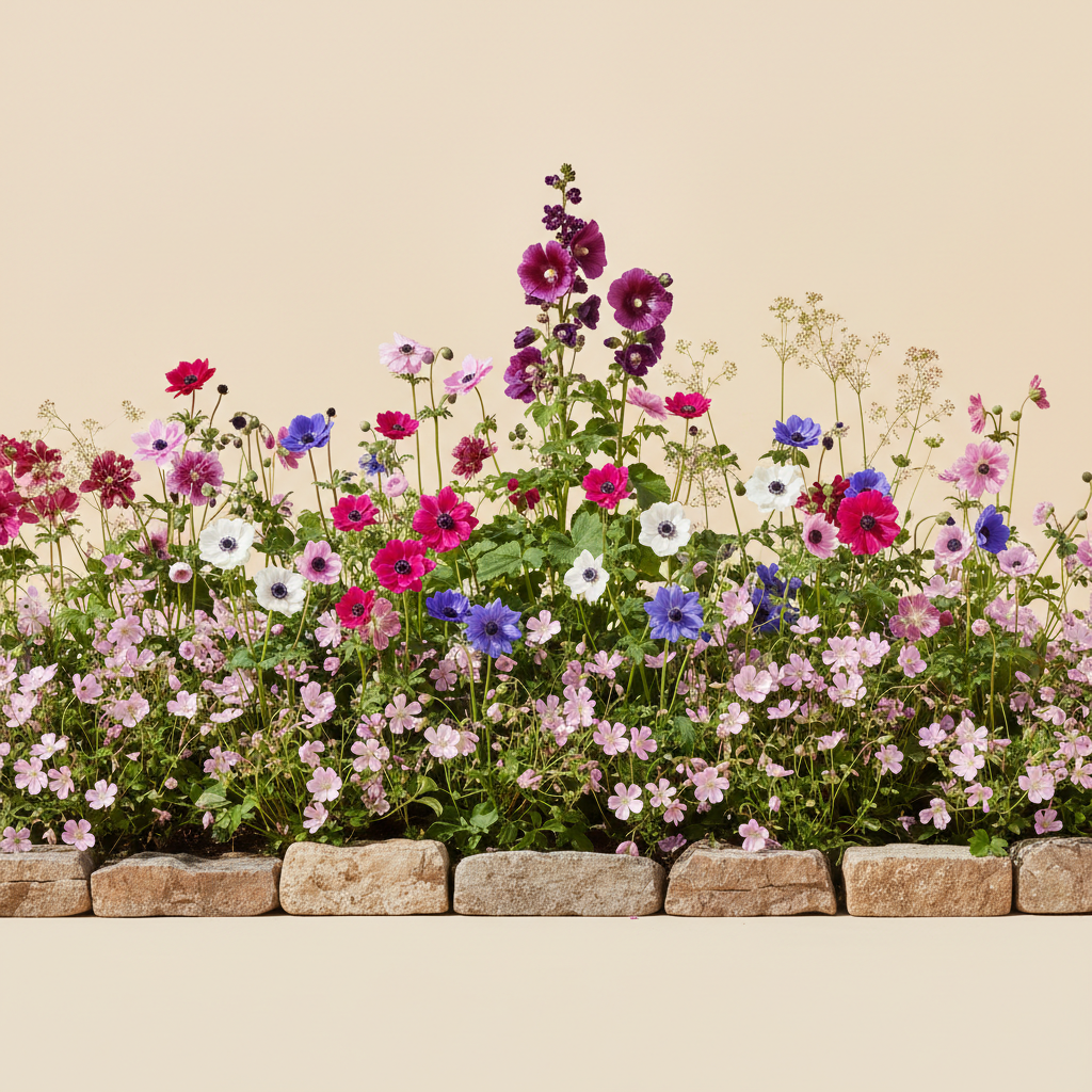 Rabatt med anemone, anemon, näva i full sol – 14 m² perennrabatt
