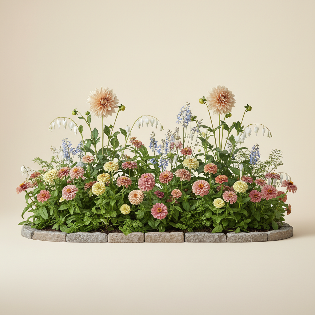 Rabatt med dahlia, zinnia, trädgårdssallat i skugga – 3 m² blandad rabatt