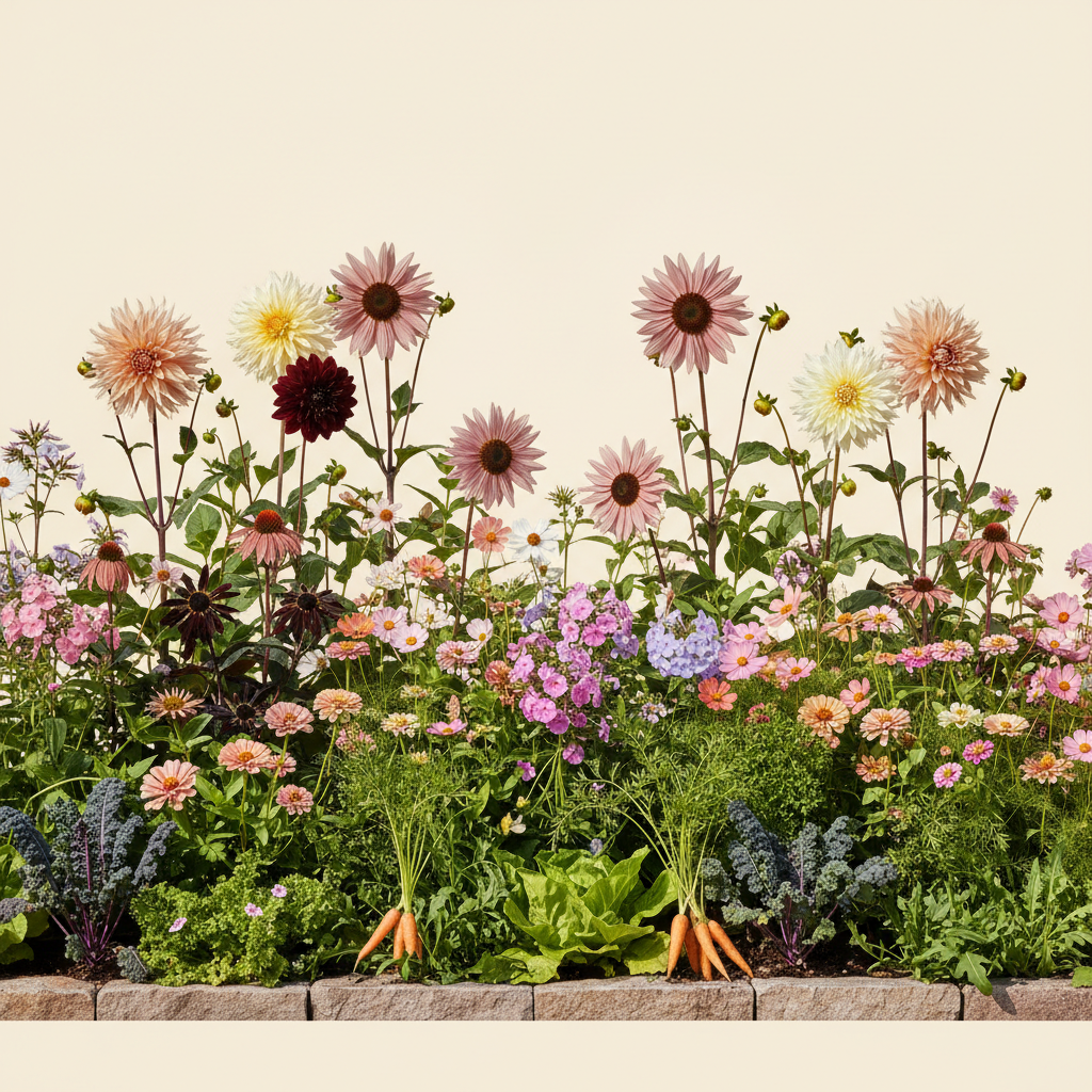 Rabatt med dahlia, zinnia, cosmos i full sol – 60 m² blandad rabatt