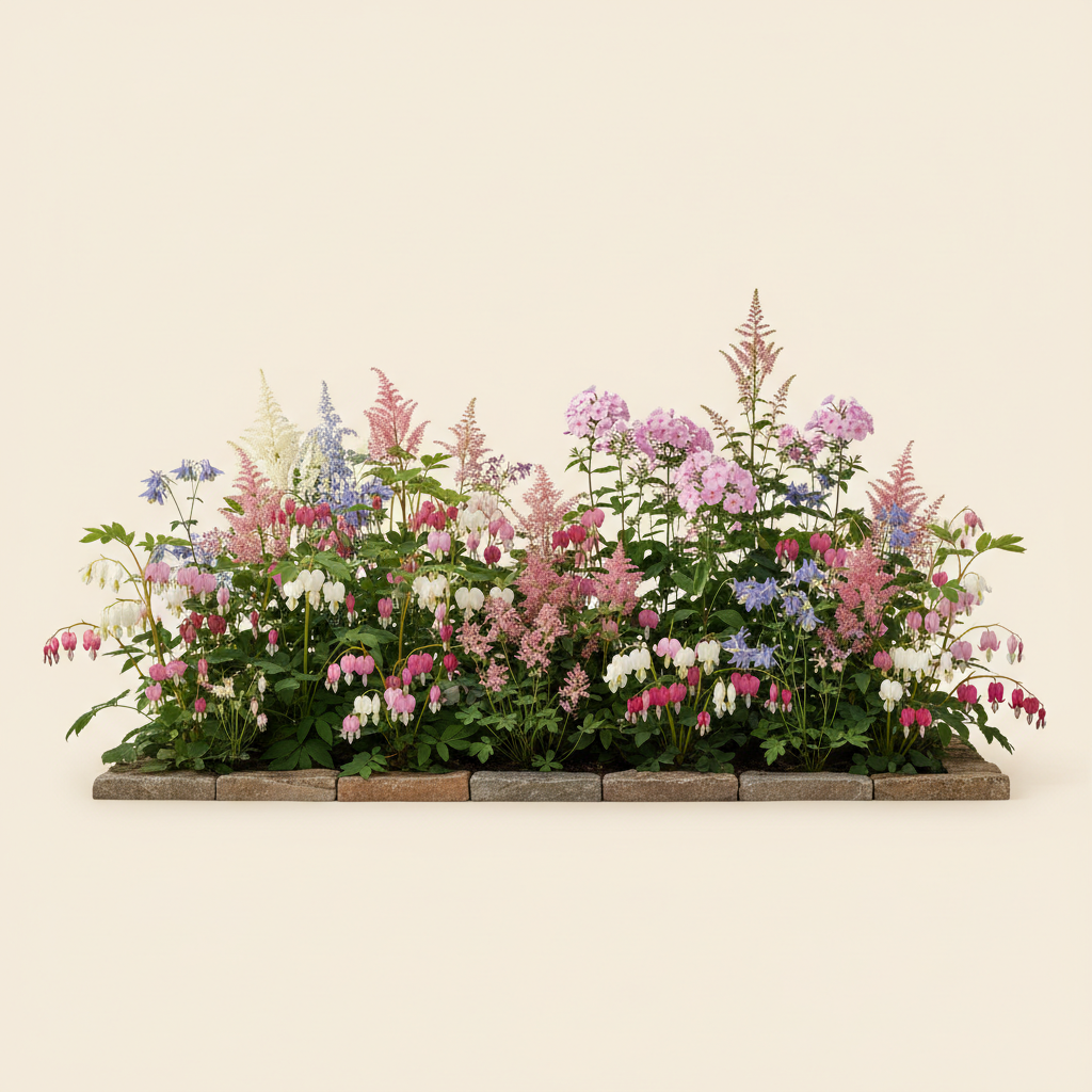 Rabatt med löjtnantshjärta, astilbe, höstflox i halvskugga – 17 m² perennrabatt