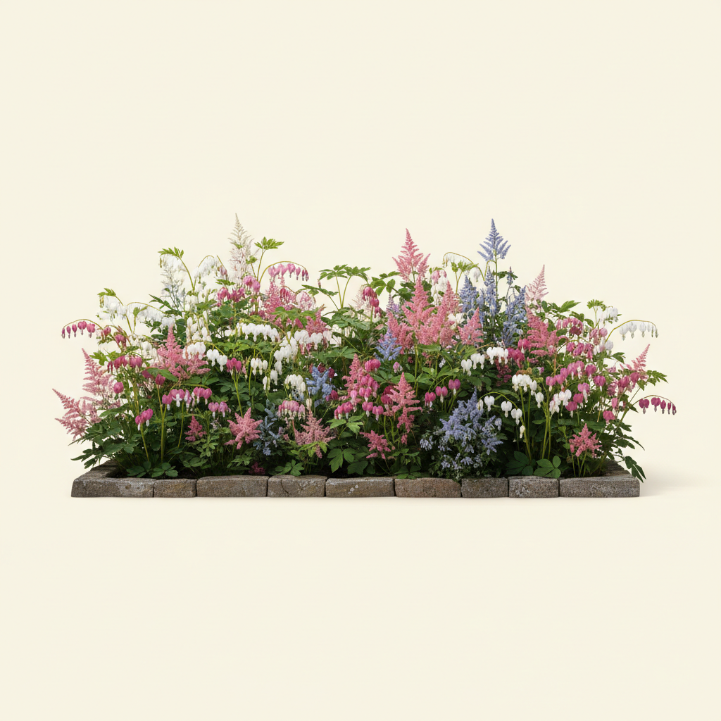 Rabatt med löjtnantshjärta, astilbe i halvskugga – 2 m² perennrabatt
