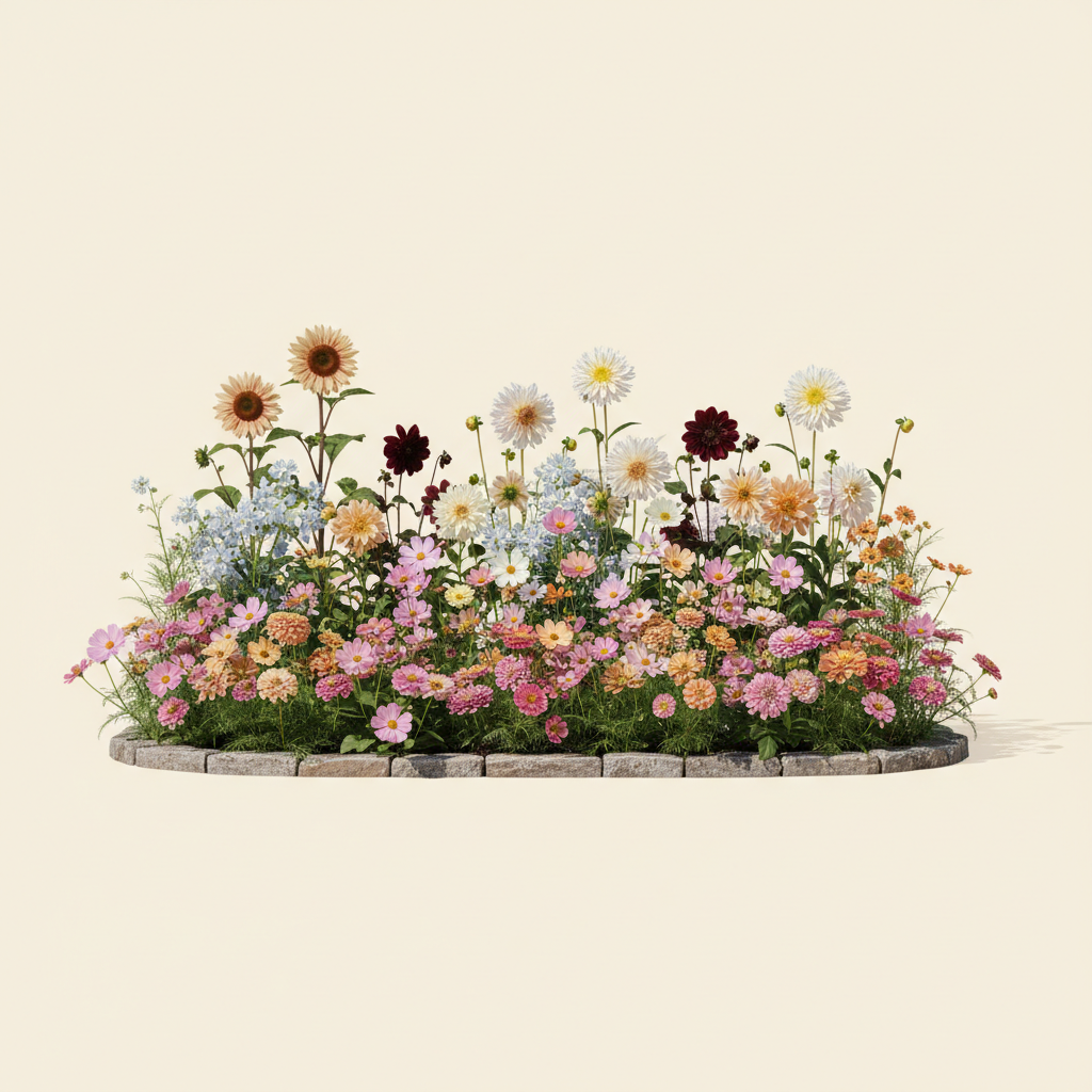 Rabatt med dahlia, zinnia, cosmos i full sol – 15 m² snittblomsterbädd