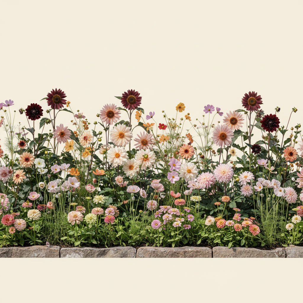 Rabatt med dahlia, zinnia, cosmos i full sol – 16 m² snittblomsterbädd