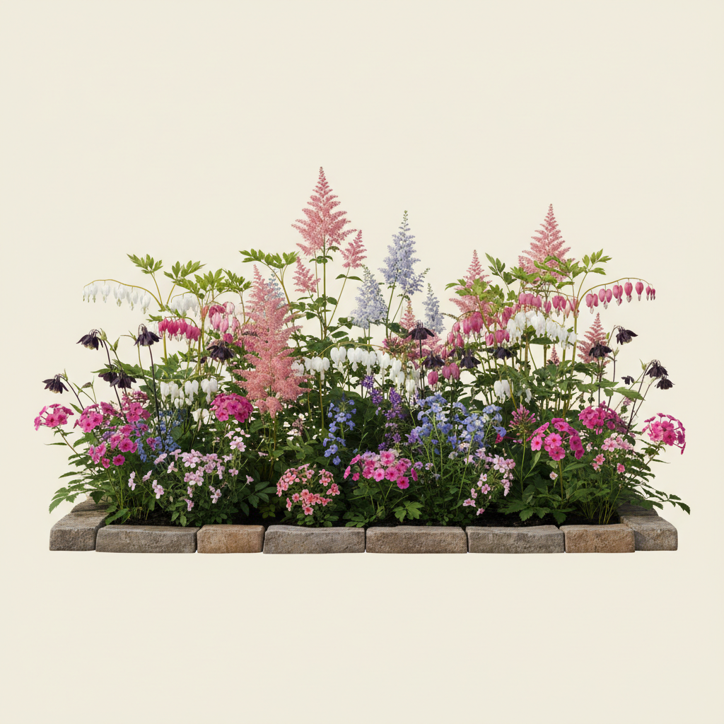 Rabatt med löjtnantshjärta, astilbe, höstflox i halvskugga – 6 m² perennrabatt