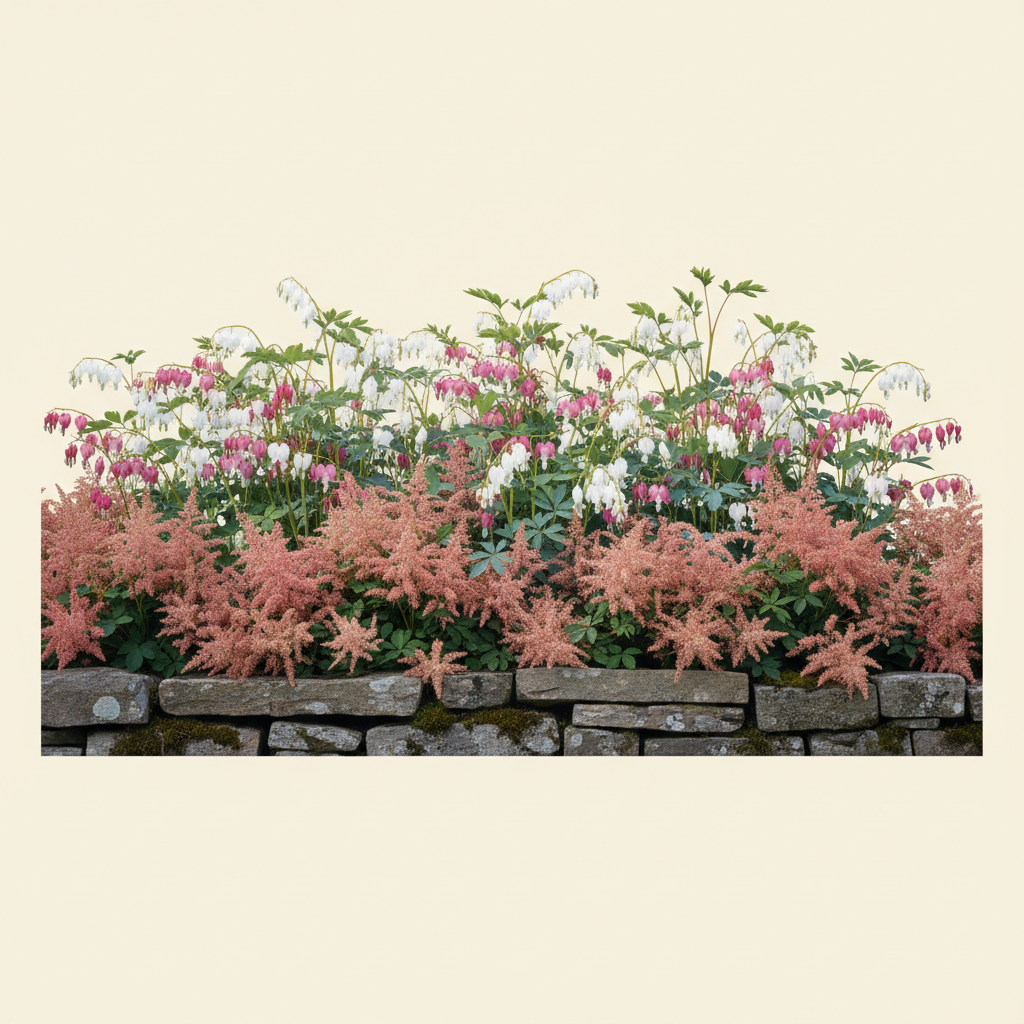 Rabatt med löjtnantshjärta, astilbe i halvskugga – 2 m² perennrabatt