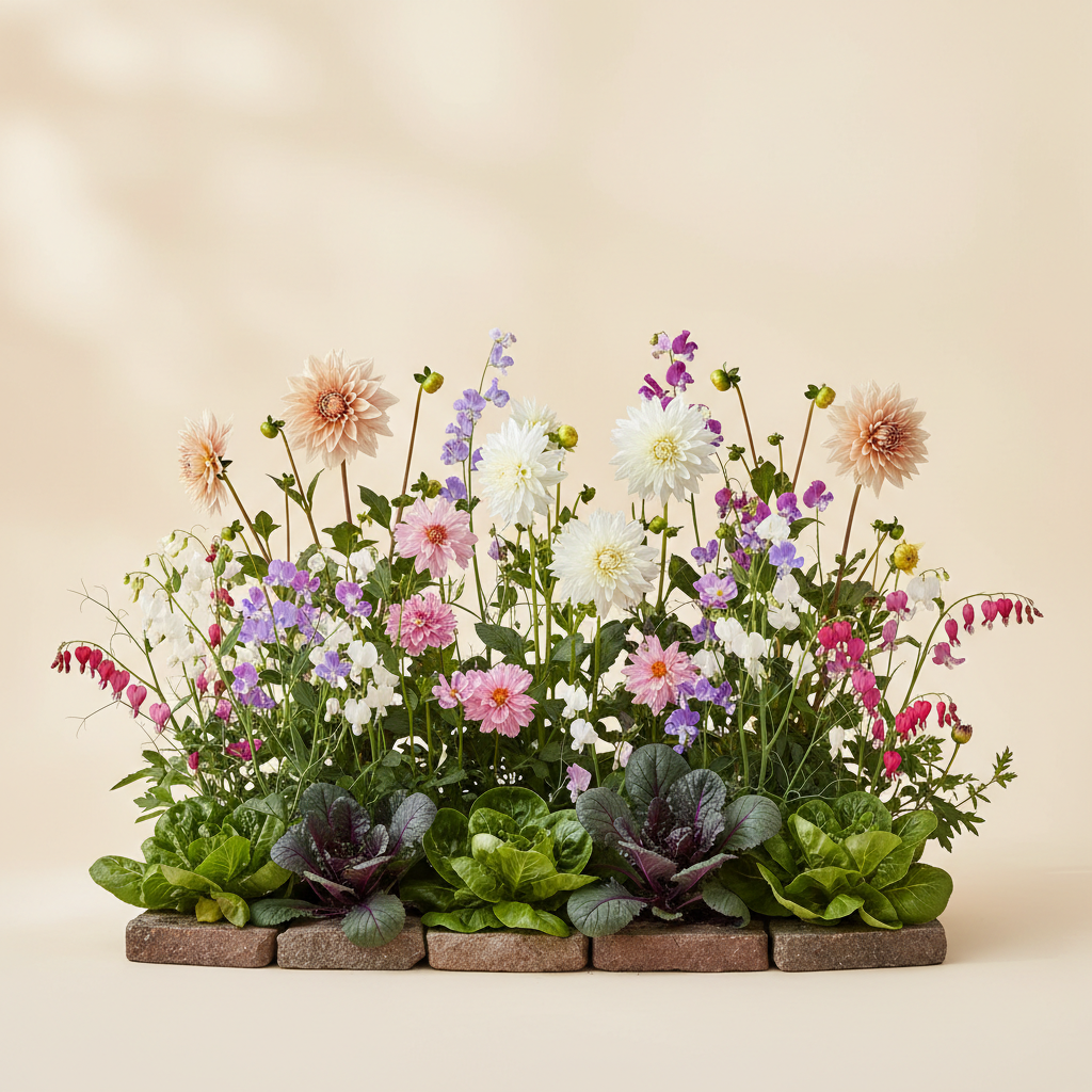 Rabatt med dahlia, rosenskära, luktärt i halvskugga – 6 m² blandad rabatt