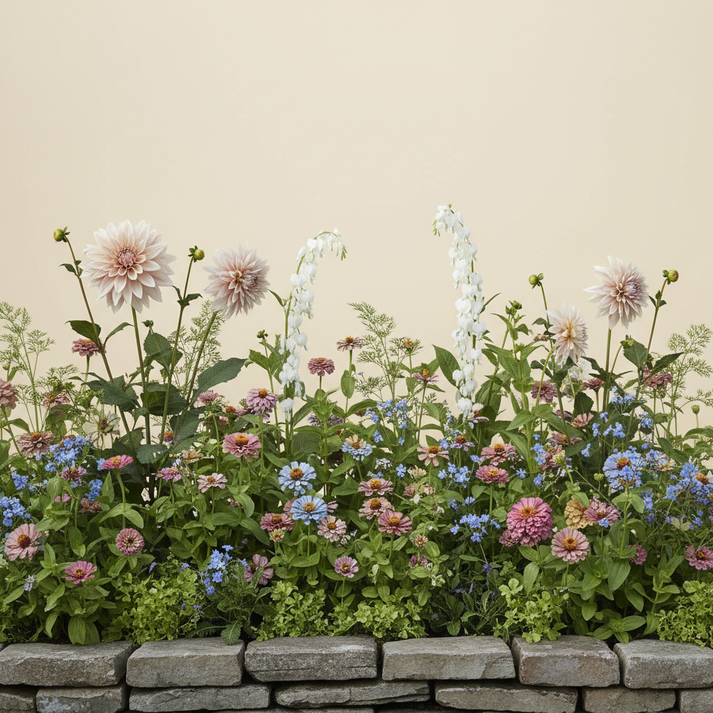 Rabatt med dahlia, zinnia, trädgårdssallat i skugga – 2 m² blandad rabatt