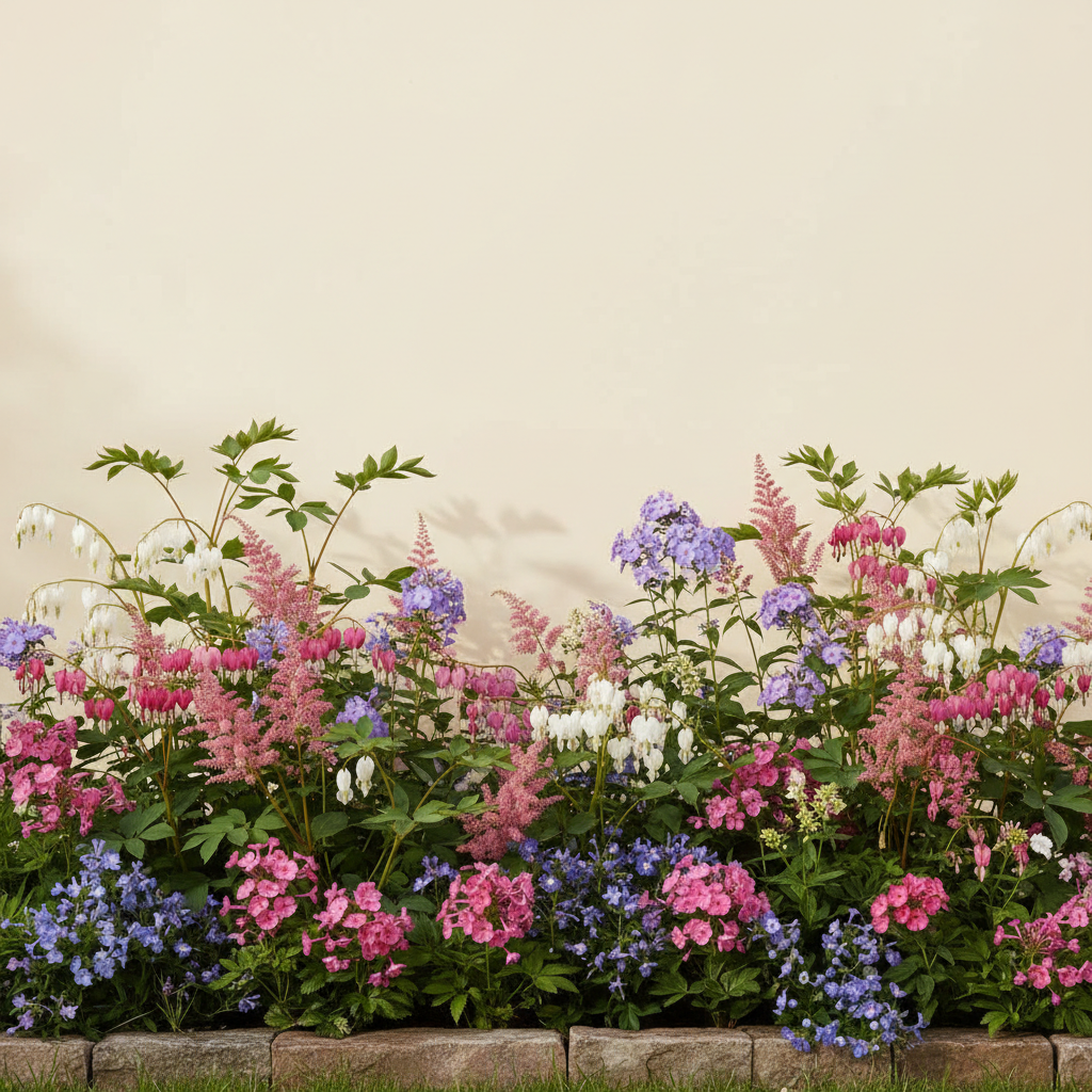 Rabatt med löjtnantshjärta, astilbe, höstflox i halvskugga – 3 m² perennrabatt