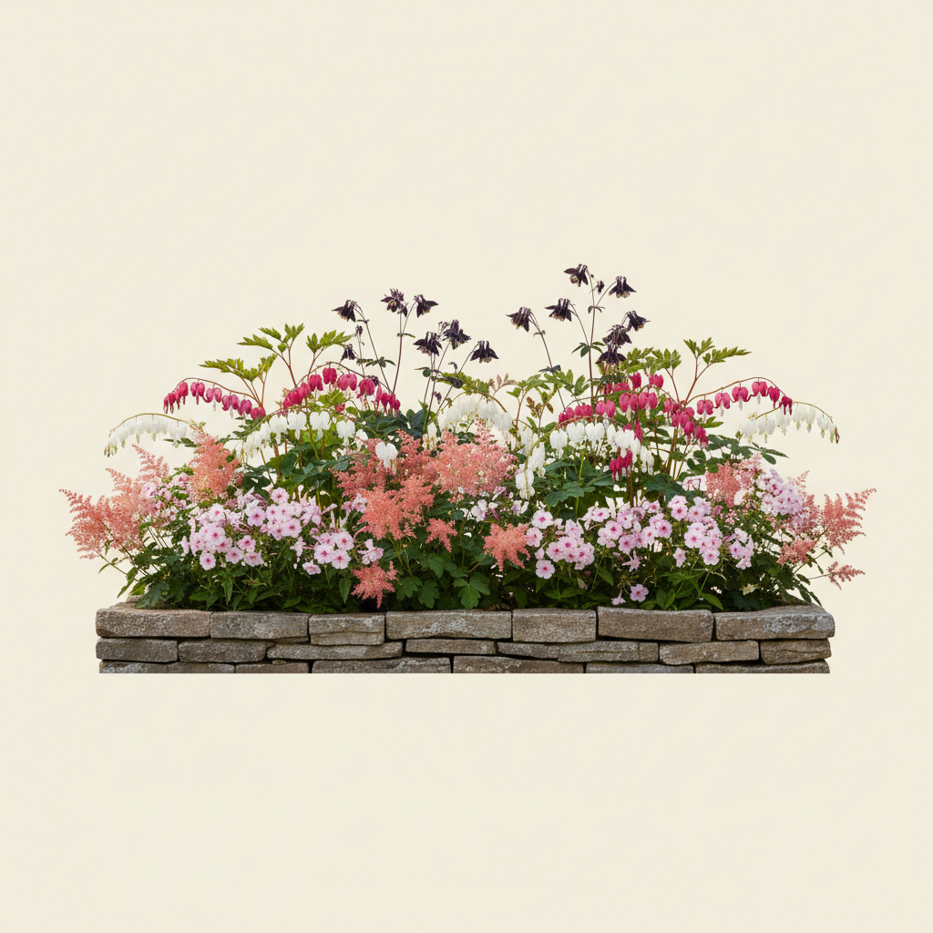 Rabatt med löjtnantshjärta, astilbe, höstflox i halvskugga – 6 m² perennrabatt