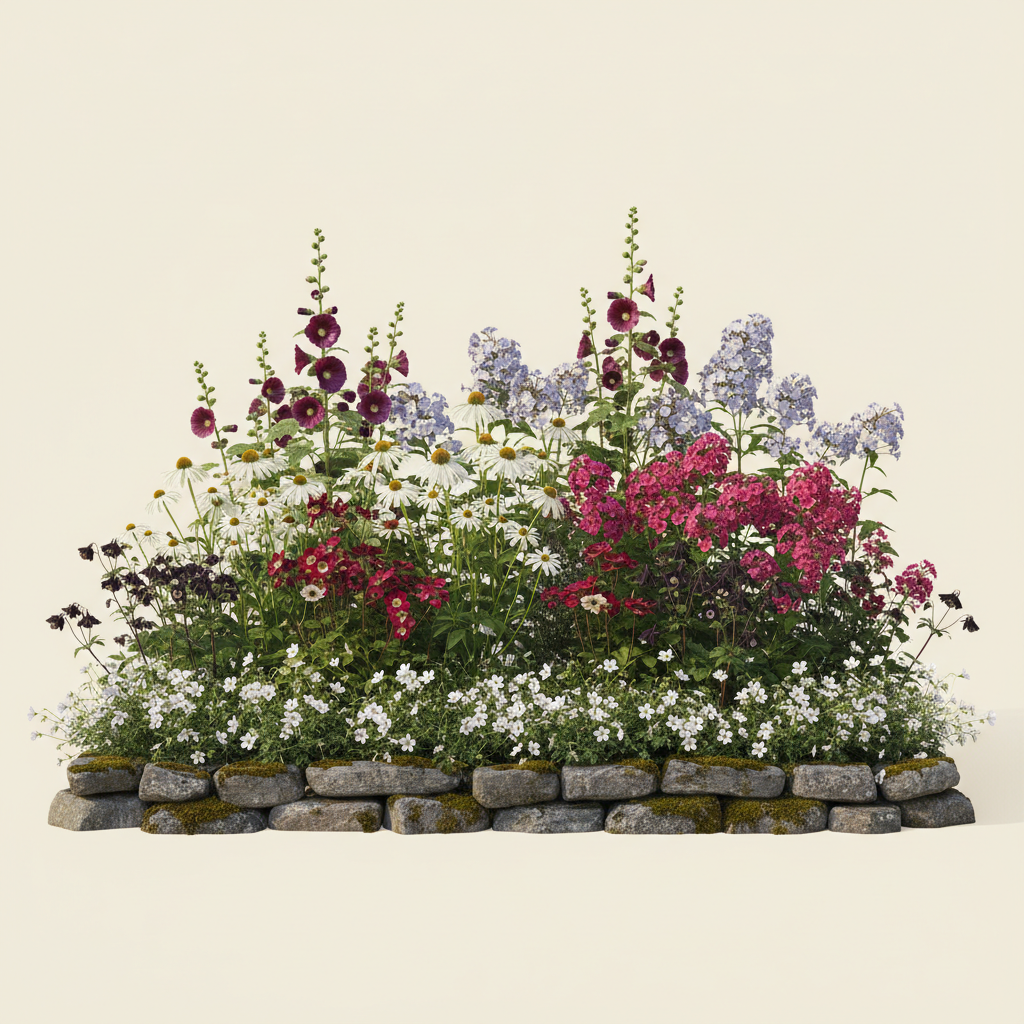 Rabatt med röd, höstflox, anemone i halvskugga – 20 m² perennrabatt
