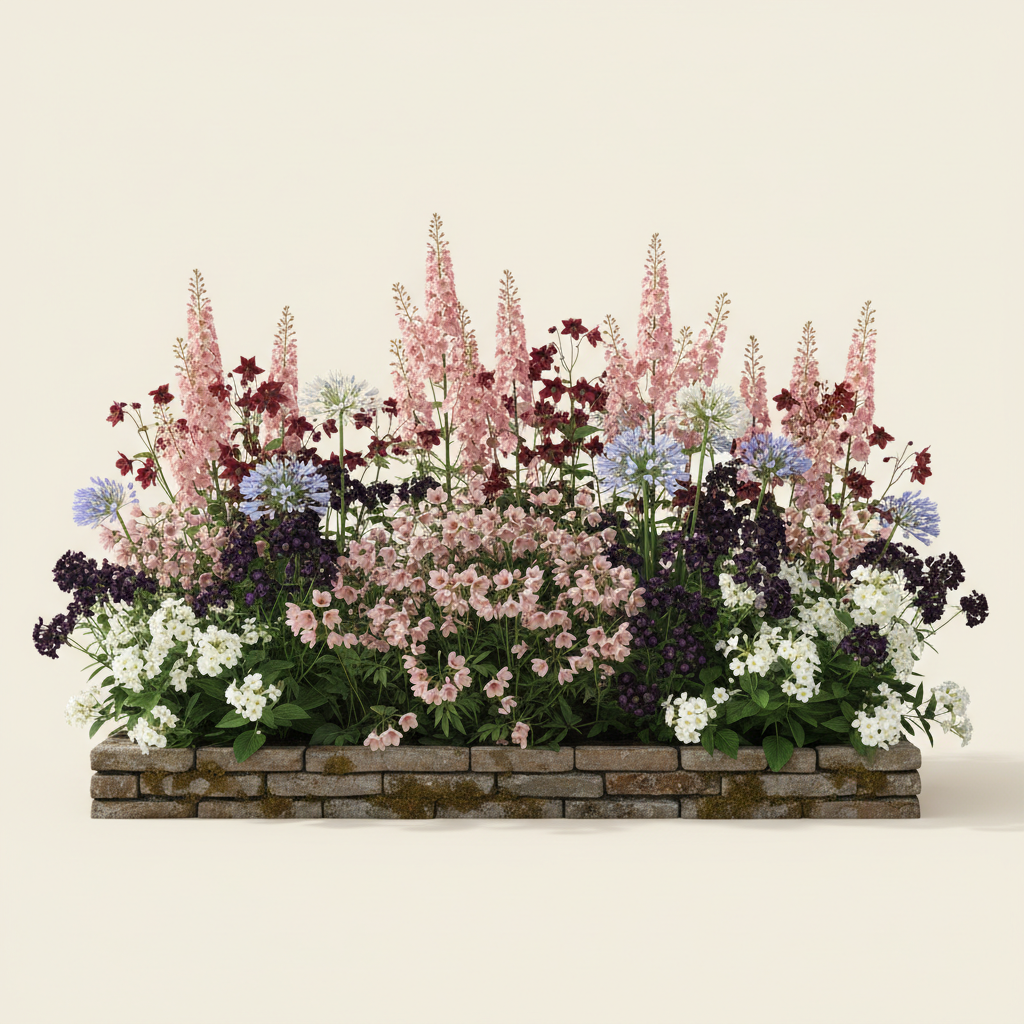 Rabatt med riddarsporre, flocknäva, agapanthus i halvskugga – 12 m² perennrabatt