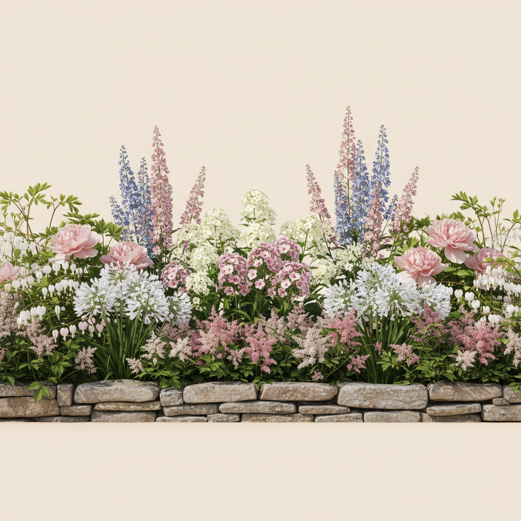 Rabatt med astilbe, pion, riddarsporre i full sol – 20 m² perennrabatt