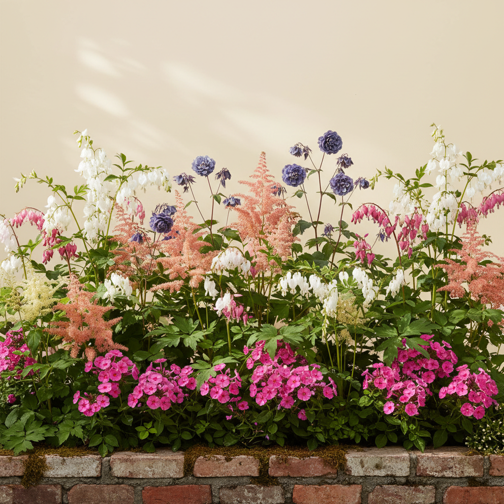 Rabatt med löjtnantshjärta, astilbe, höstflox i halvskugga – 6 m² perennrabatt