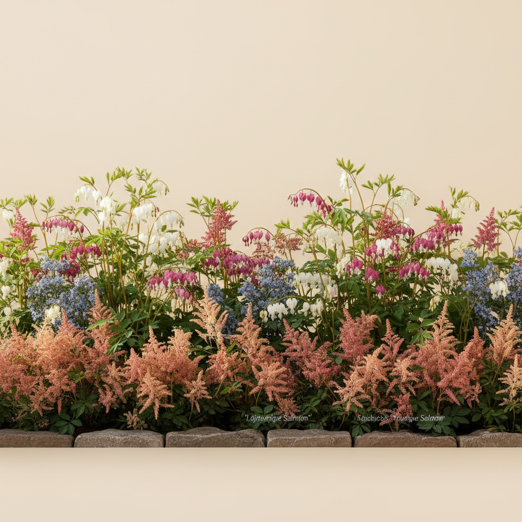 Rabatt med löjtnantshjärta, astilbe i halvskugga – 2 m² perennrabatt