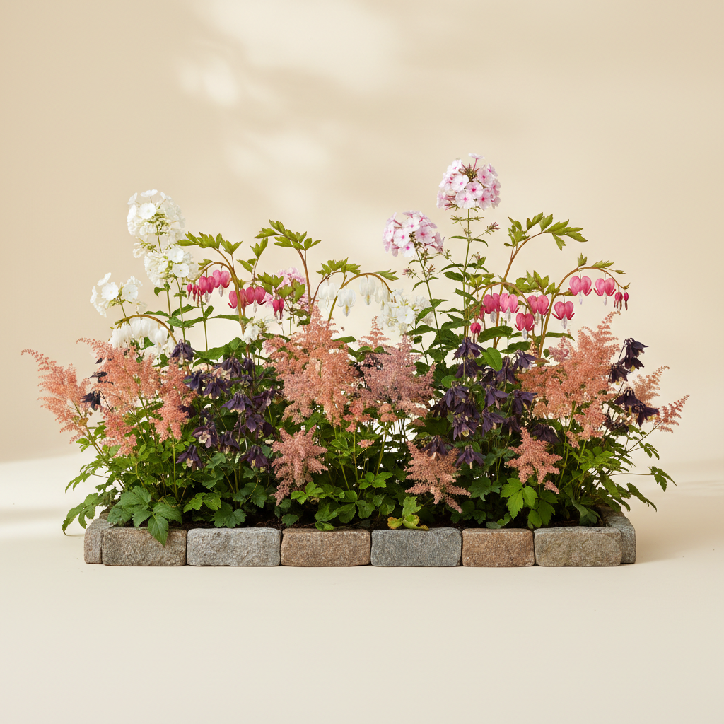 Rabatt med löjtnantshjärta, astilbe, höstflox i halvskugga – 12 m² perennrabatt