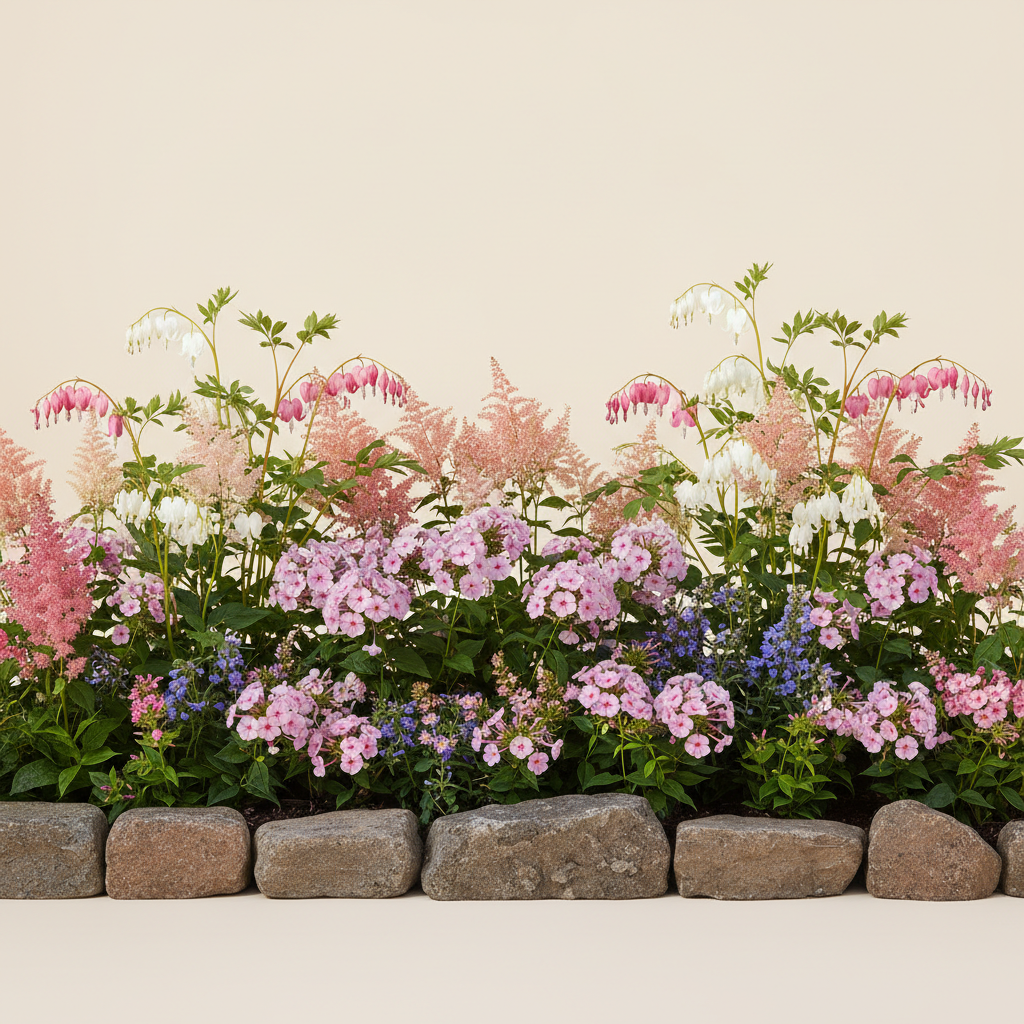 Rabatt med löjtnantshjärta, astilbe, höstflox i halvskugga – 3 m² perennrabatt
