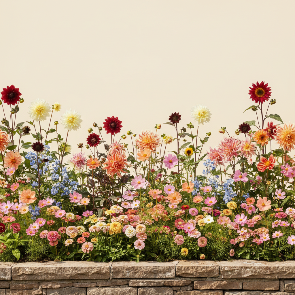 Rabatt med dahlia, zinnia, cosmos i full sol – 6 m² snittblomsterbädd