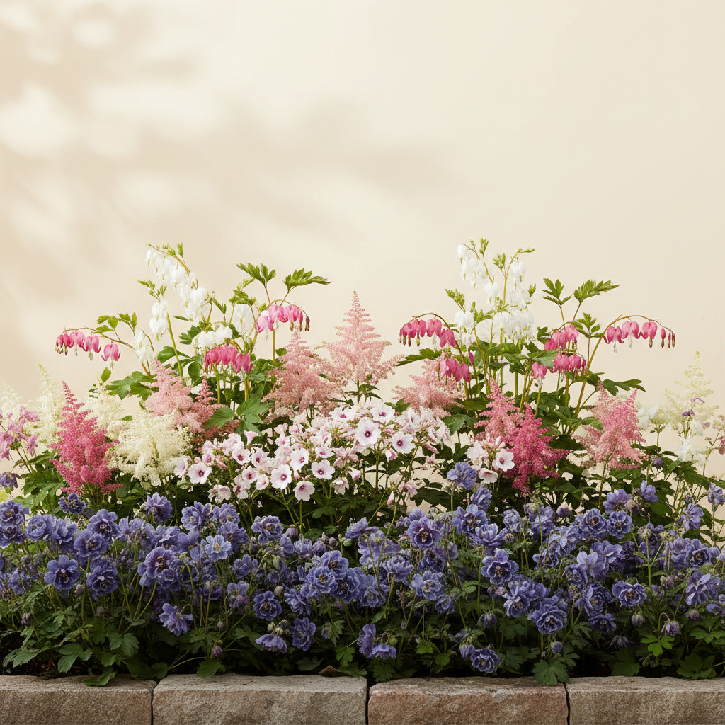 Rabatt med löjtnantshjärta, astilbe, höstflox i halvskugga – 6 m² perennrabatt