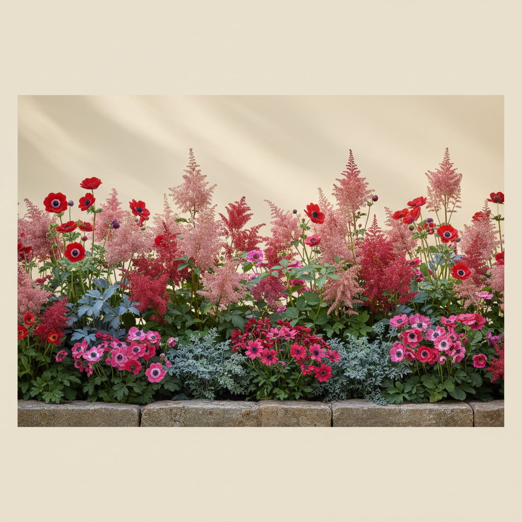 Rabatt med anemon, astilbe, anemone i halvskugga – 2 m² perennrabatt