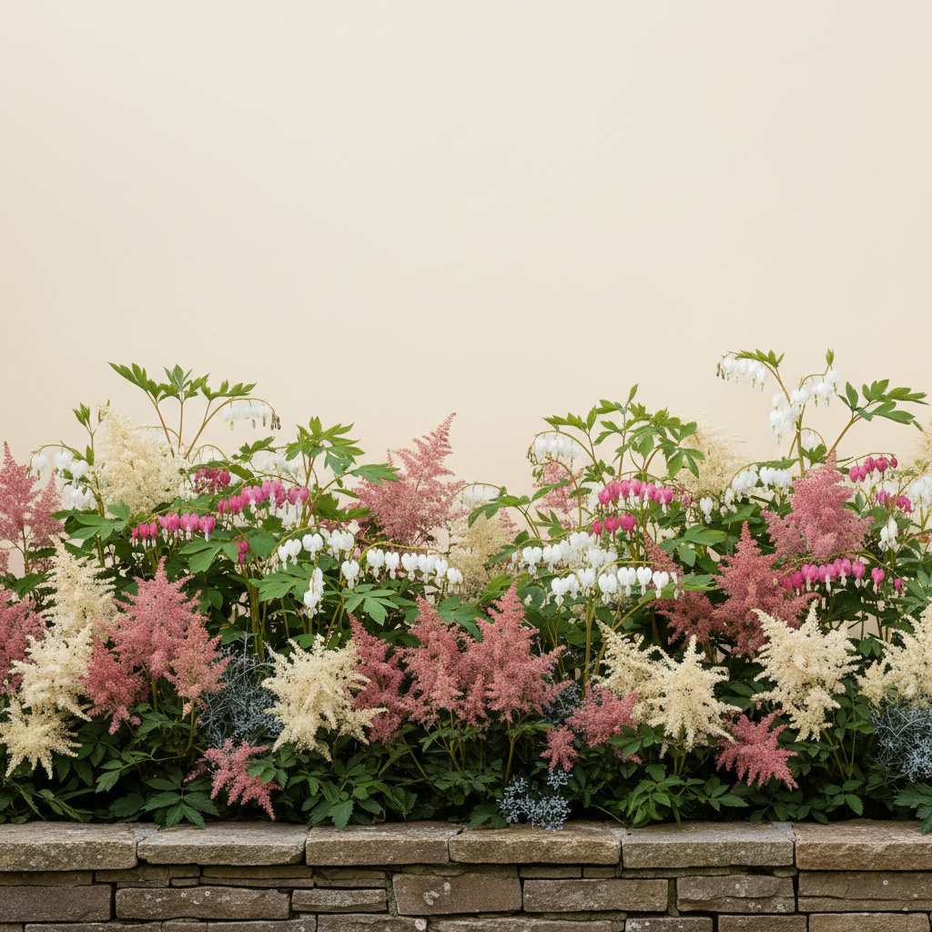 Rabatt med löjtnantshjärta, astilbe i skugga – 4 m² perennrabatt