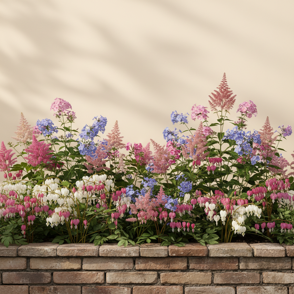Rabatt med löjtnantshjärta, astilbe, höstflox i halvskugga – 3 m² perennrabatt