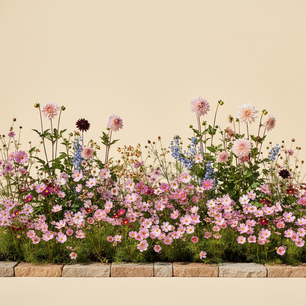 Rabatt med dahlia, cosmos i full sol – 6 m² snittblomsterbädd