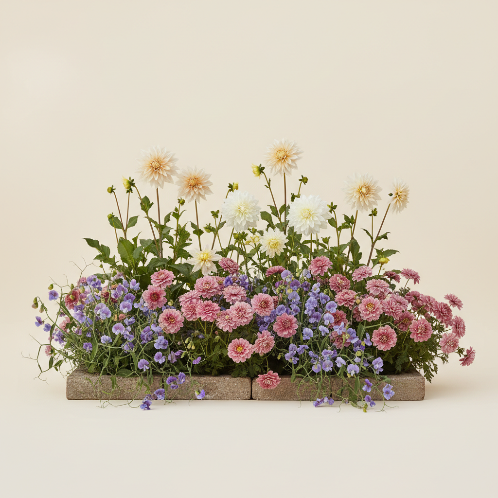 Rabatt med dahlia, rosenskära, luktärt i halvskugga – 1 m² snittblomsterbädd