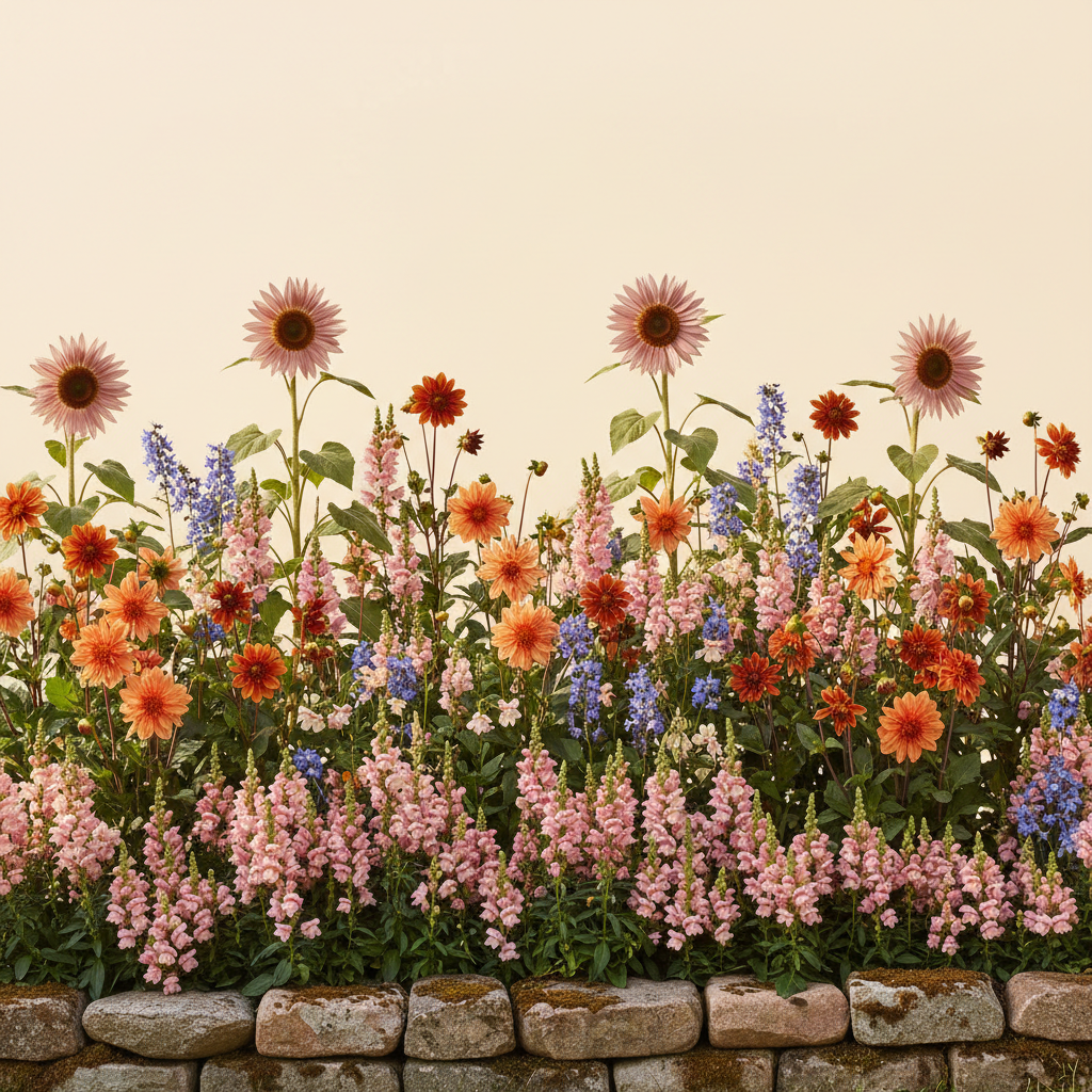 Rabatt med dahlia, solros, lejongap i full sol – 2 m² snittblomsterbädd