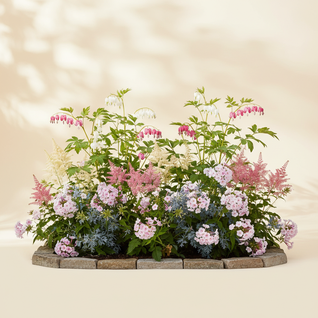 Rabatt med löjtnantshjärta, astilbe, höstflox i halvskugga – 4 m² perennrabatt